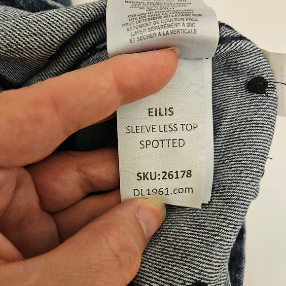 DL1961 Eilis Sleeveless Denim Dress Blue Polka Dot Layering V-Neck Embroidered - Picture 12 of 14